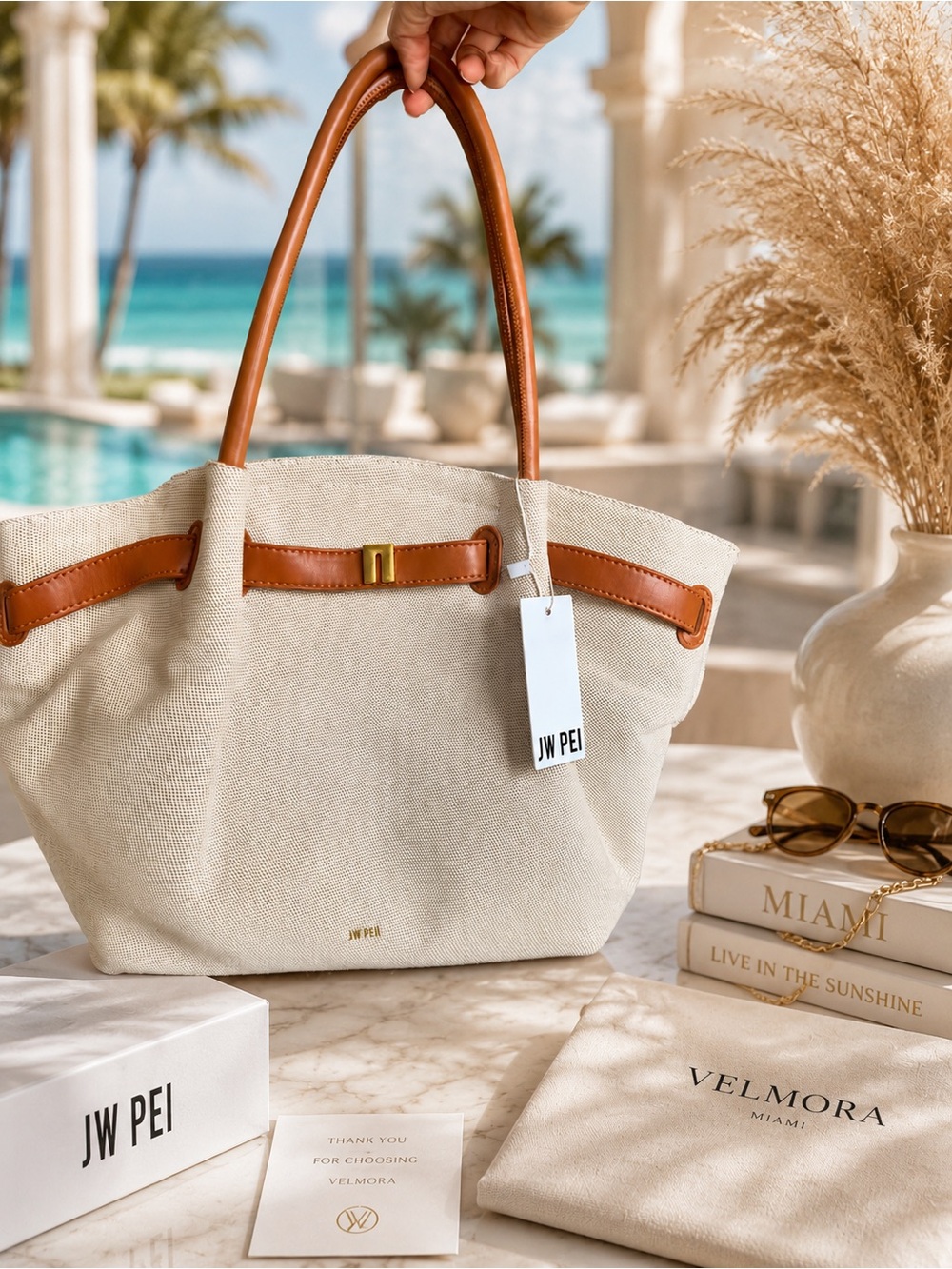 JW PEI Cream Canvas Tote with Tan Trim and Gold Accent